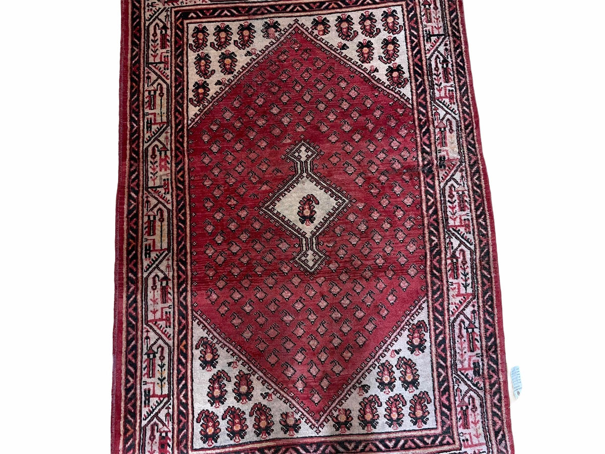 4 X 6.5 Antique Handmade Wool Rug Paisley Boteh Design Tribal Rug Red Ivory - Jewel Rugs, view 4