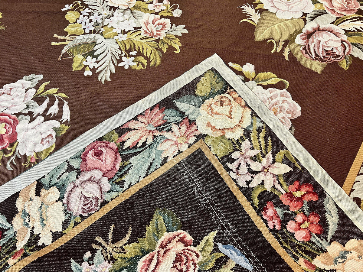 Vintage Needlepoint Rug 9x12, Large Handmade Hand-woven Needlepoint Carpet, Brown Area Rug, Floral Bouquets, Wool Rug, European Design - Jewel Rugs, view 12