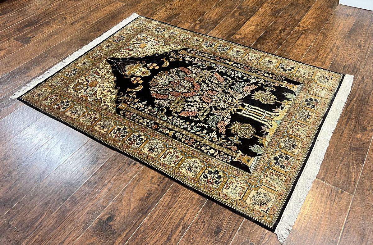 Wonderful Sino Persian Silk Rug 4x6, Tree of LIfe Design, Masterpiece 575 KPSI, Birds, Prayer Rug, Black, Silk on Silk - Jewel Rugs, view 12