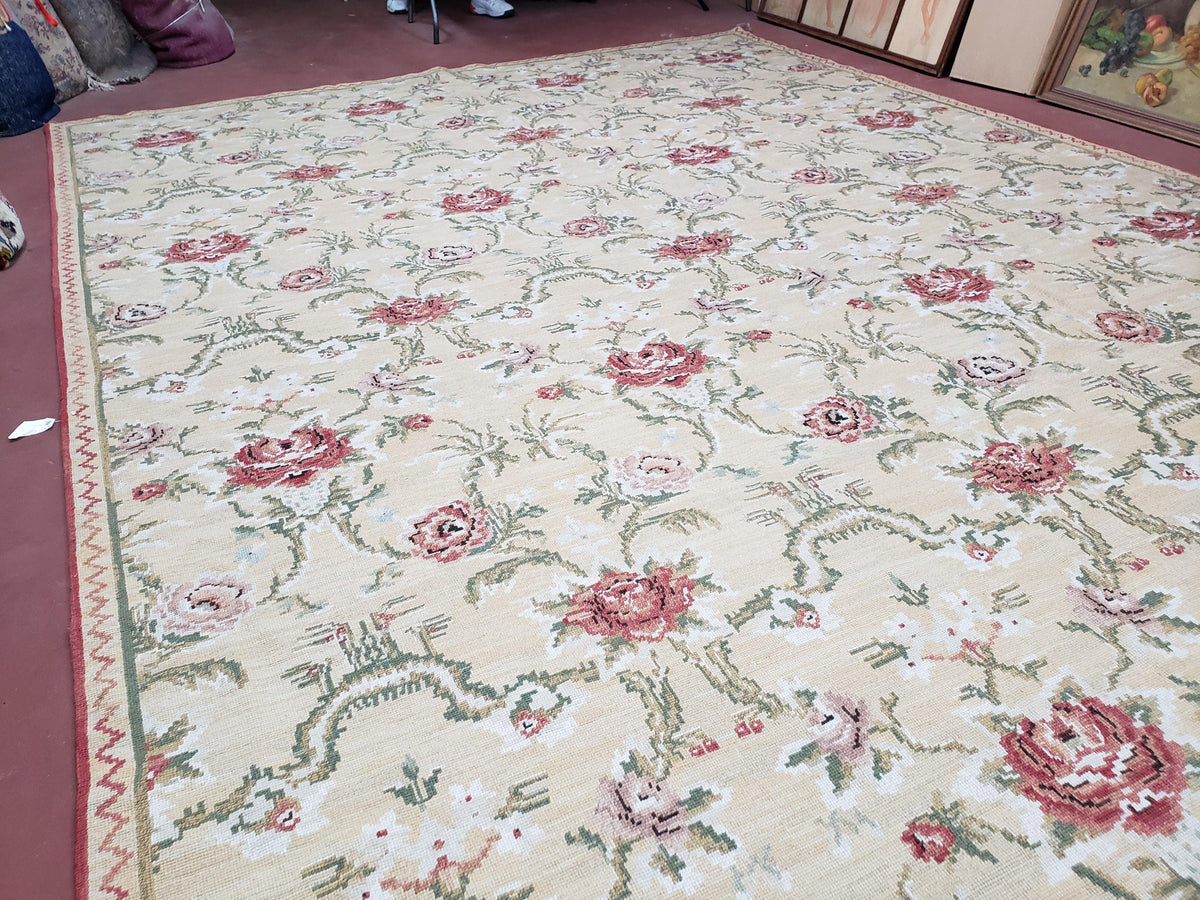 Needlepoint Rug 10x14 Wool Flatweave Carpet, English Floral Pattern, Pale Yellow, Roses, Allover Pattern, Handmade Large Needlepoint Nice - Jewel Rugs, view 3