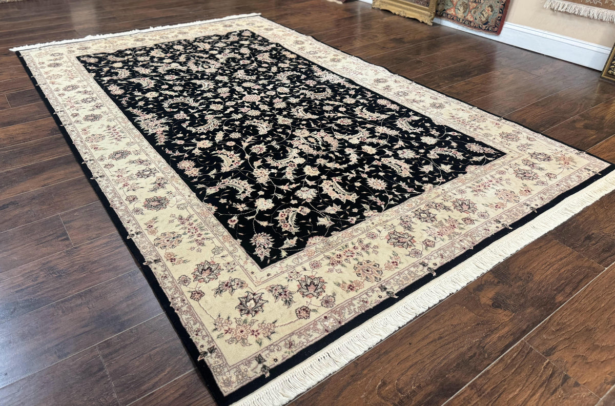 Sino Persian Rug 6x9, Black and Ivory, Wool and Silk Highlights, Handmade - Jewel Rugs, view 13