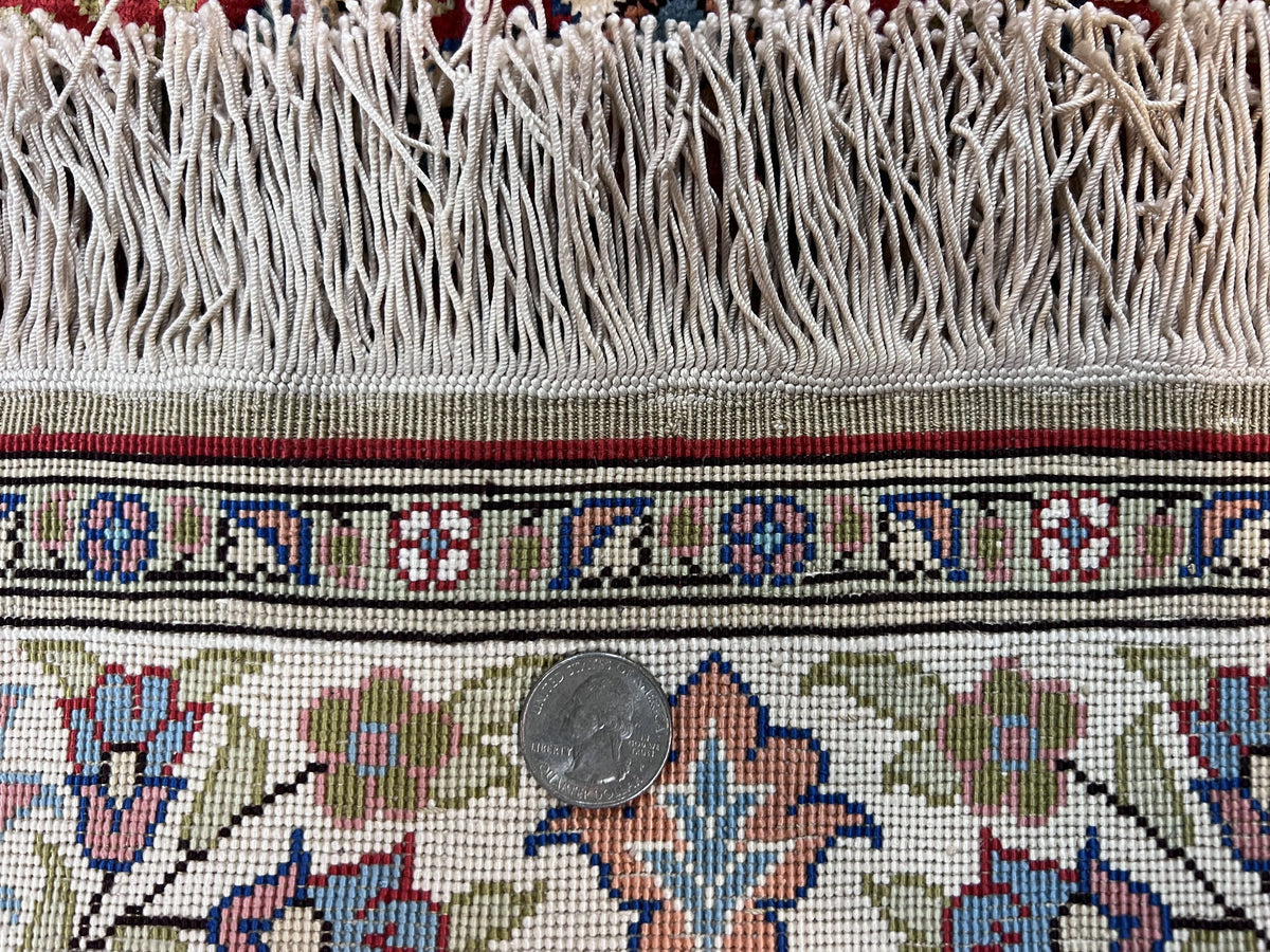 Silk Turkish Kayseri Rug 2x3, Small All Silk Turkish Carpet, Red and Light Blue, Very Fine Hand Knotted Semi Antique Vintage Handmade Rug - Jewel Rugs, view 10