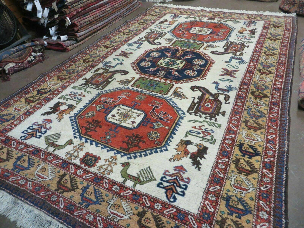 7' X 10' Vintage Handmade Knotted Turkish Wool Rug Birds Animal Ivory Organic - Jewel Rugs, view 3