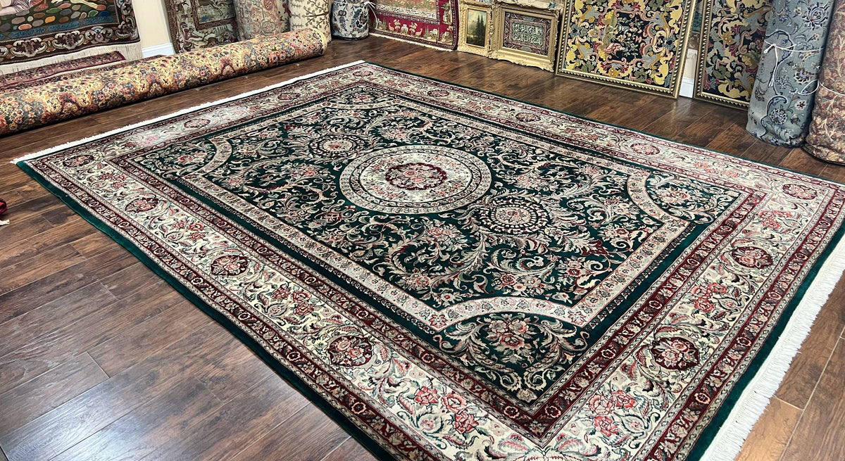 Pak Persian Rug 9x12, Dark Green and Cream, Floral Medallion, Elegant Handmade Wool Carpet 9 x 12 - Jewel Rugs, view 2