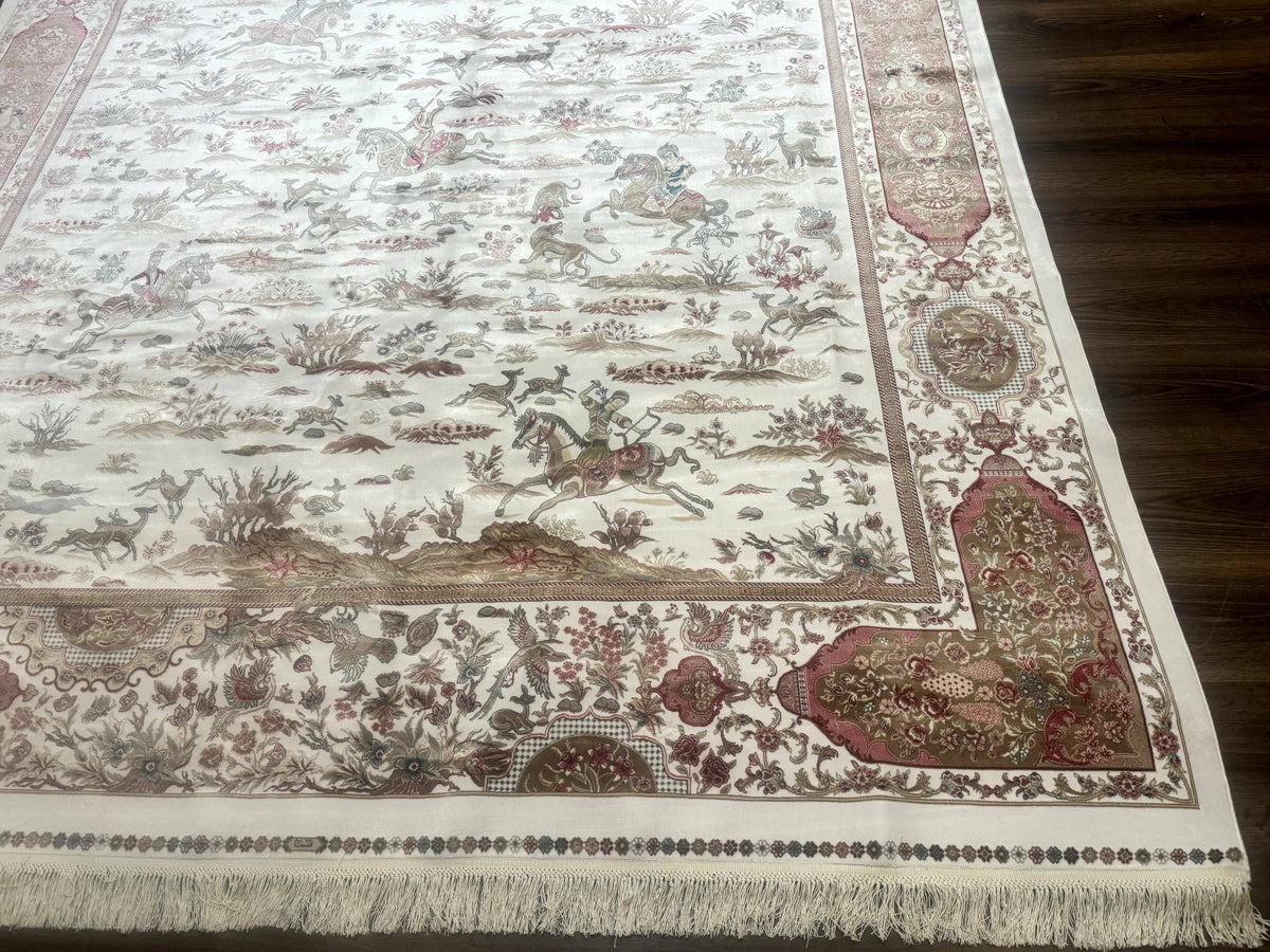 Large Turkish Silk Rug 8x10, Ivory, Hunting Design, Bamboo Silk, New - Jewel Rugs, view 10