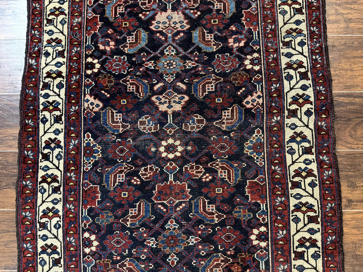 Navy Blue Antique Persian Rug 3x6, Blue and Ivory Persian Carpet, Handmade 1920s Hamadan Rug - Jewel Rugs, view 5