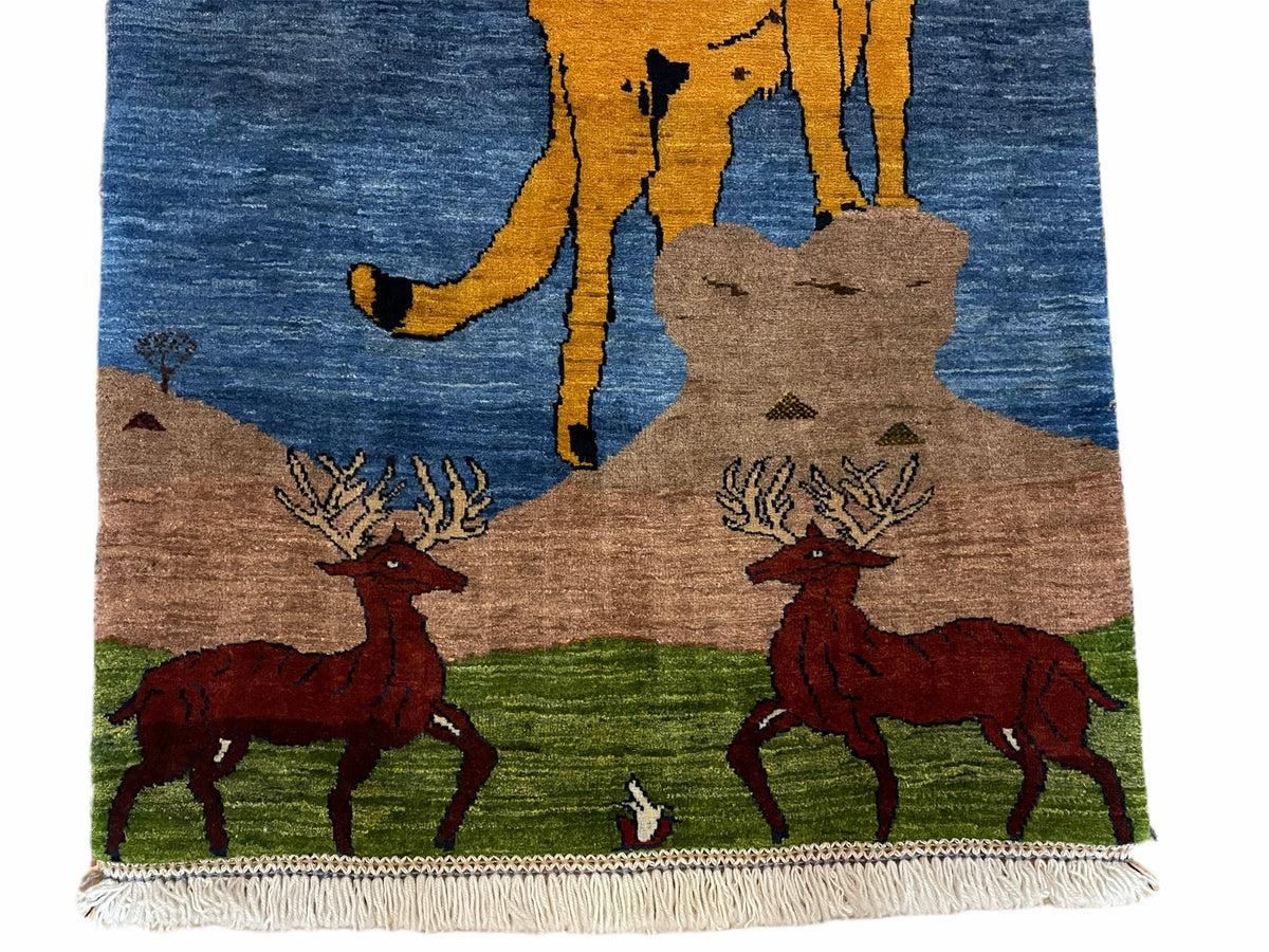 3 x 5 Handmade New Vintage Wool Blue Rug Leopard Lion Jaguar Deer Organic Dyes - Jewel Rugs, view 6