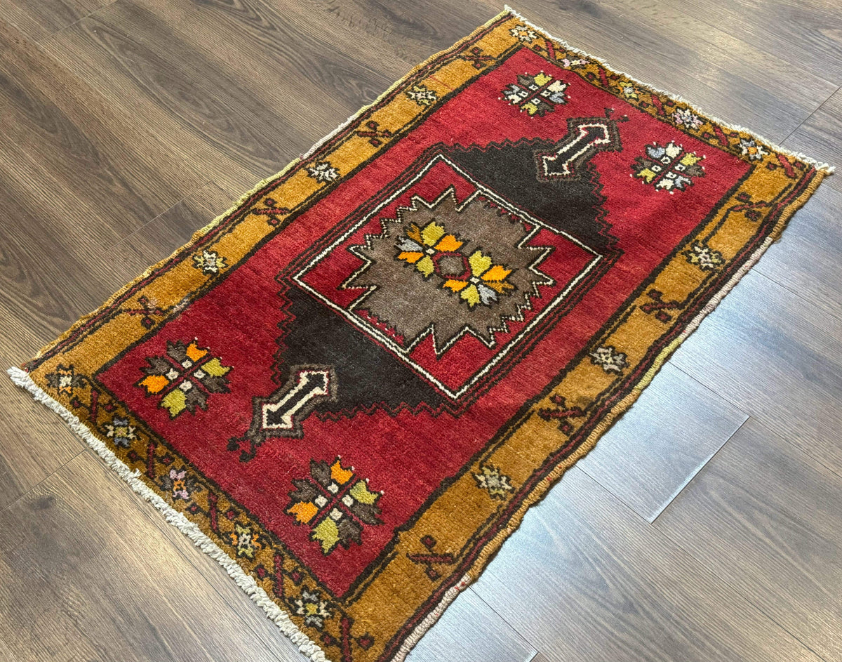 Turkish Yastik Rug 2x3, Geometric Medallion, Small Turkish Wool Rug, Red - Jewel Rugs, view 3