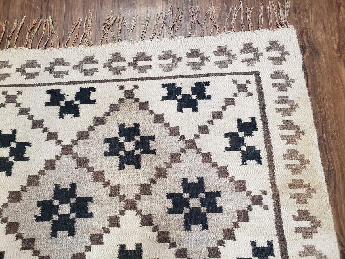 Semi Antique South American Blanket 4x8, Wool Hand-Woven Flatweave Kilim Rug, Handmade Antique Vintage Runner, Ivory & Blue, Diamond Panel - Jewel Rugs, view 14