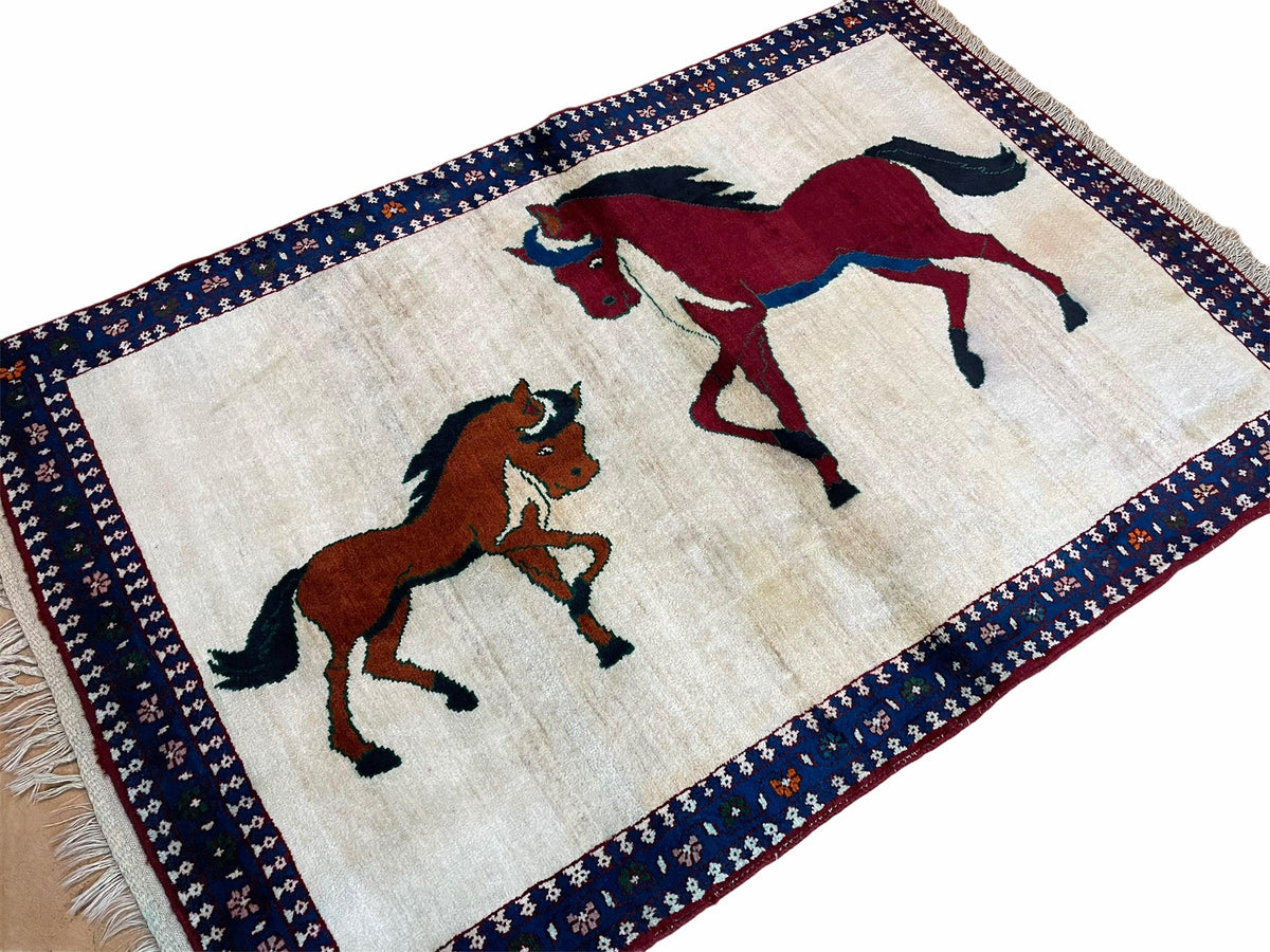3.5 X 5 Handmade Hand-Knotted Quality Wool Pictorial Brown Horses Animal Rug - Jewel Rugs, view 2