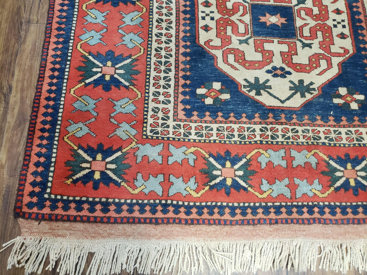 Turkish Kazak Rug 5x6 Vintage Handmade Wool Carpet Geometric Blue Red - Jewel Rugs, view 9