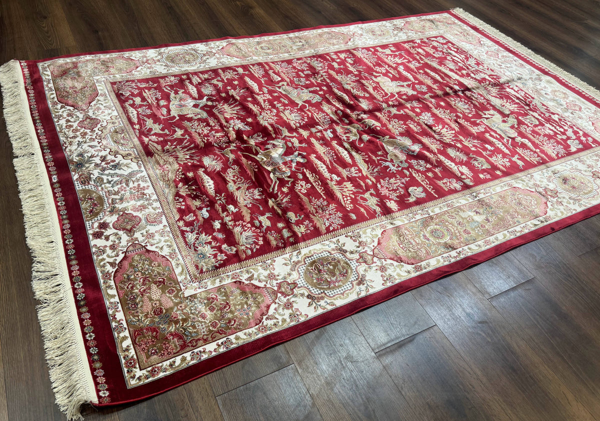 Turkish Silk Hunting Scene Rug 5 x 7.6, Red & Ivory, Bamboo Silk, New - Jewel Rugs, view 13