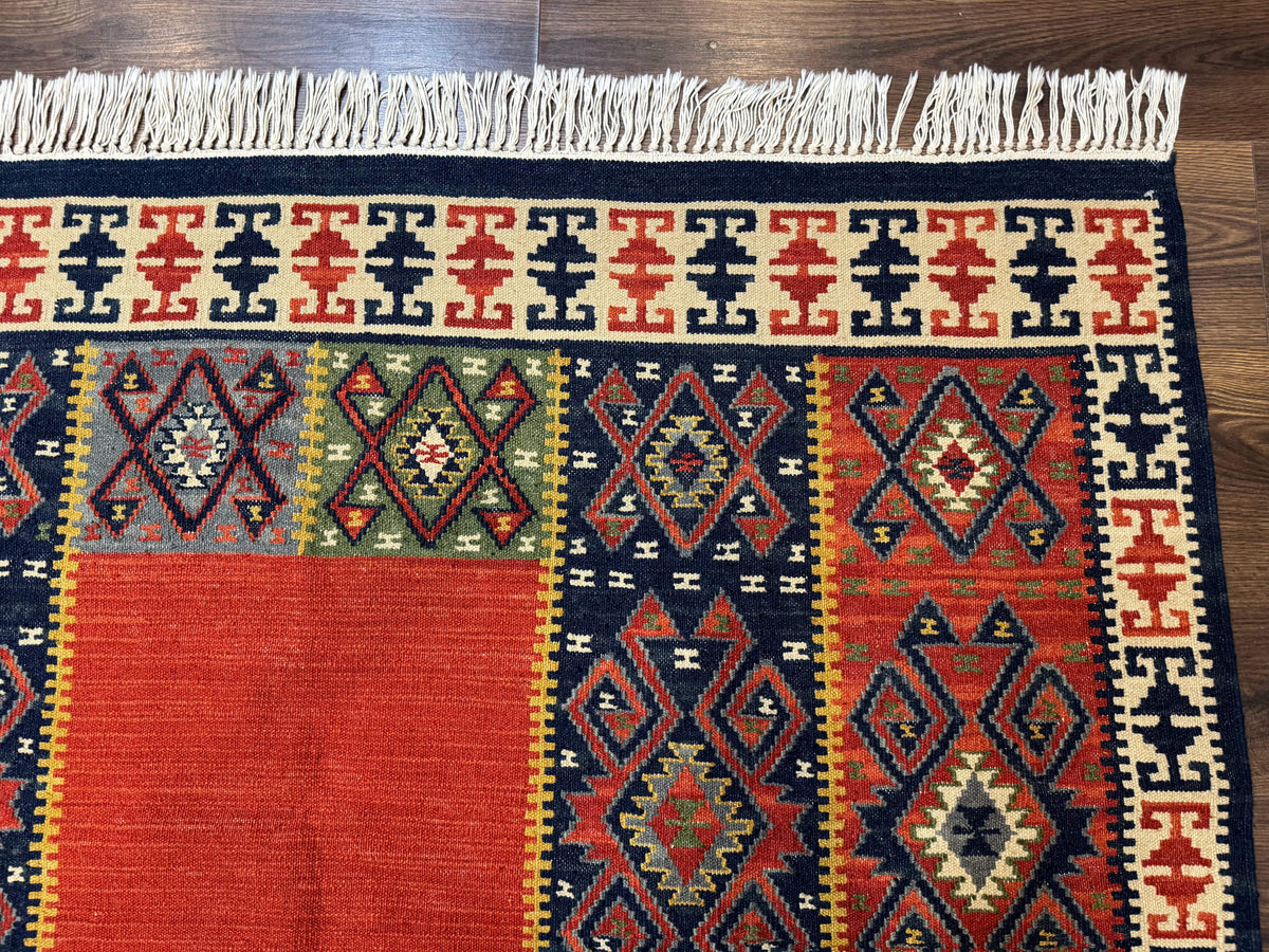 Turkish Kilim Rug 5x8, Flatweave Carpet, Handmade Bohemian Rug, Terracotta and Navy Blue - Jewel Rugs, view 8