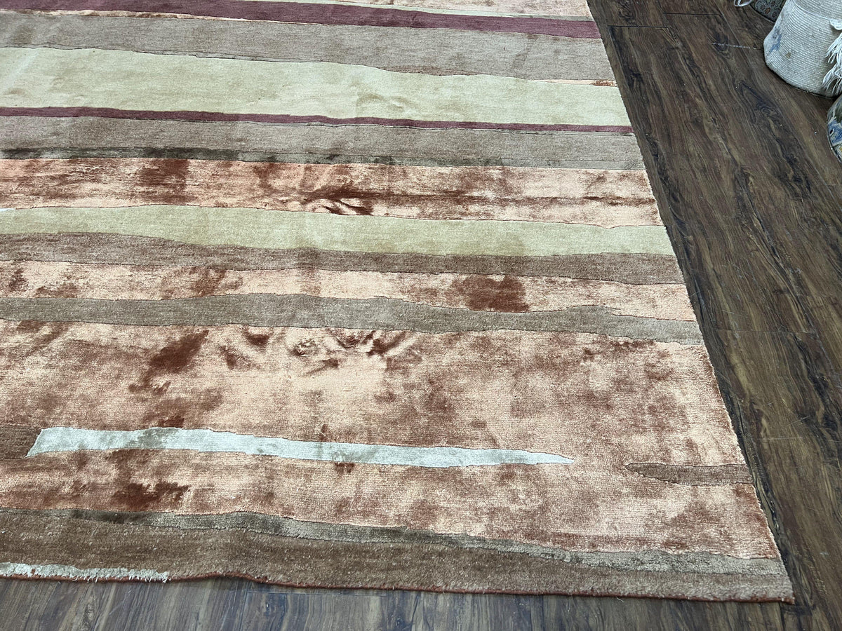 Modern Tibetan Rug 8x11 Nepali Carpet, Shiny Velvely Soft Wool and Silk, Contemporary Hand Knotted Rug, Striped Design, Wool Area Rug 8 x 11 - Jewel Rugs, view 10