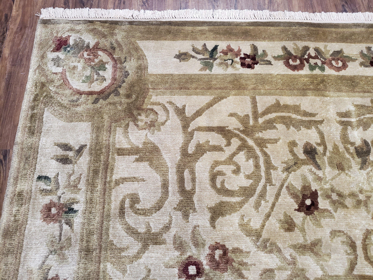 Vintage Nepali Tibetan Aubusson Rug 6x9, Wool Hand-Knotted Cream Beige Carpet, Leaves & Floral Pattern 6 x 9 Soft Area Rug Home Office Rug - Jewel Rugs, view 7