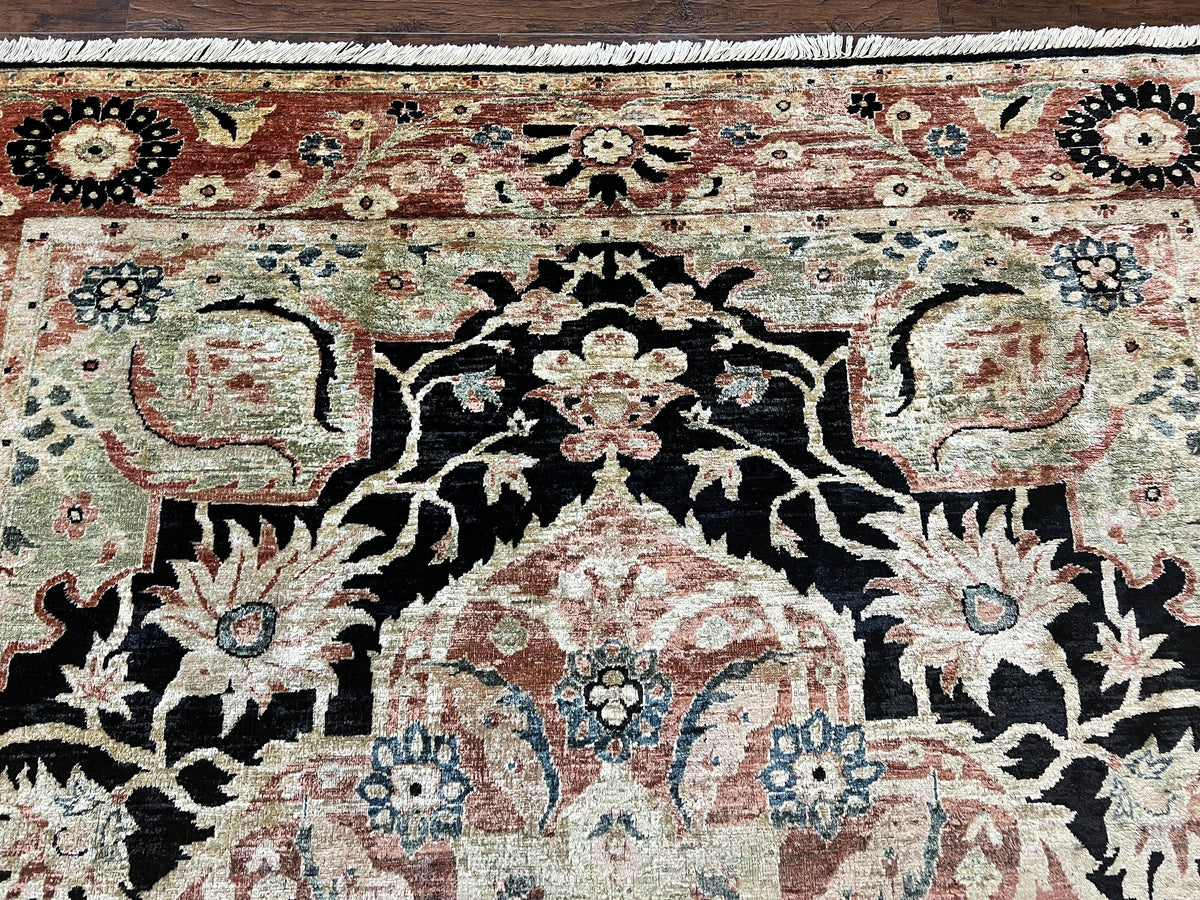 Pak Persian Rug 8x10, Pakistani Mahal Sultanabad Carpet, Signature from Master Weaver, Shiny Wool, Black Red Vintage Handmade Medallion Rug - Jewel Rugs, view 4