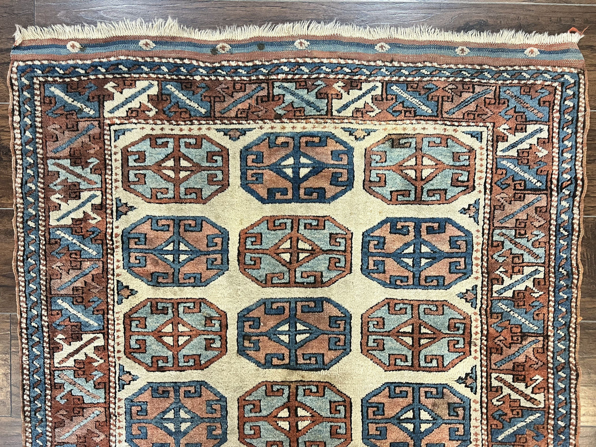 Turkish Kazak Rug 3x4, Wool Hand Knotted Handmade Vintage Carpet, Geometric Tribal Repeated Motif, Small 3 x 4 Antique Rug, Cream Red - Jewel Rugs, view 3