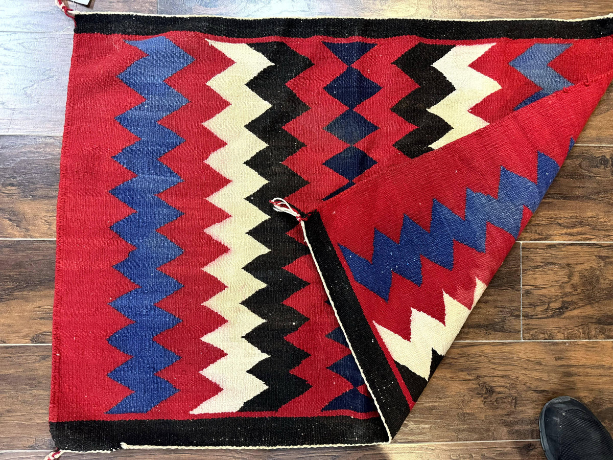 Antique Navajo Rug 3.7 x 2.8, Red Ivory Blue, Zig Zag Pattern, Handmade, Wool - Jewel Rugs, view 10