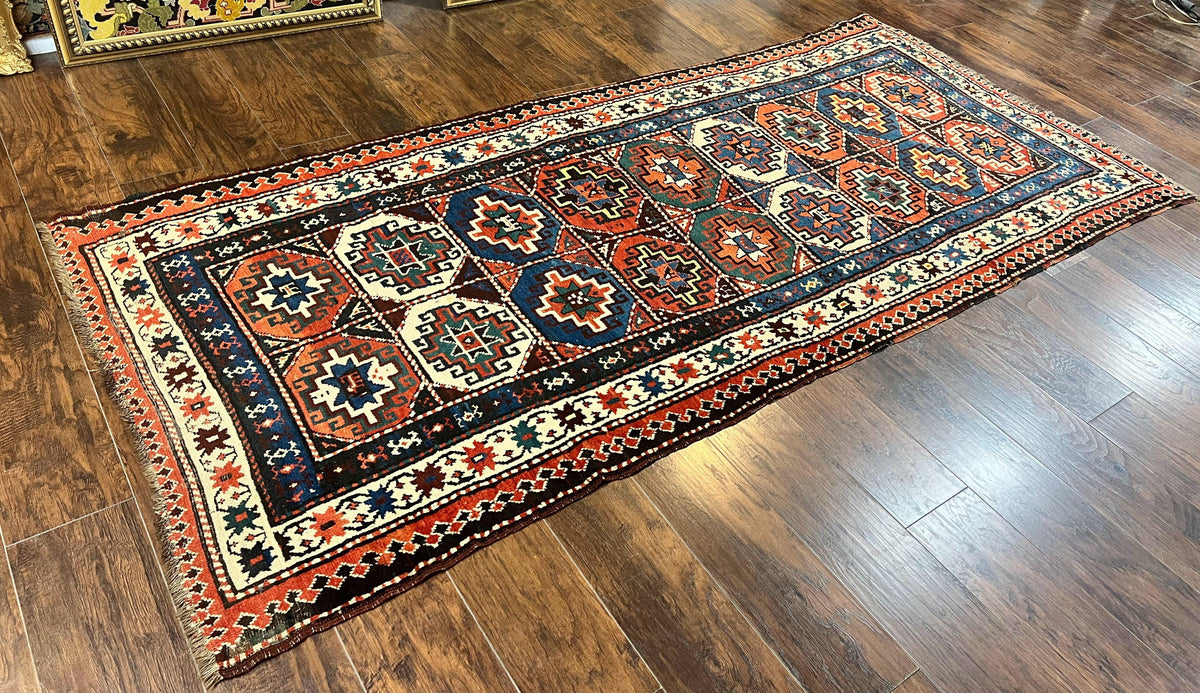 Antique Caucasian Kazak Runner Rug 4 x 9.5, Handmade Wool Rug for Hallway, Rare Colorful Panel Design Mid 19th Century 1870s Oriental Carpet - Jewel Rugs, view 12