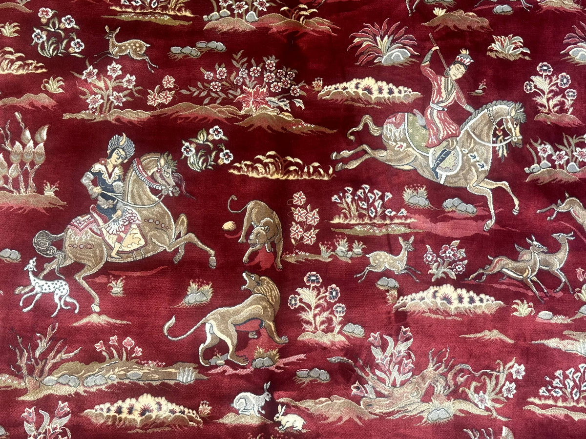 Turkish Silk Rug 8x10, Red & Ivory, Hunting Design, Bamboo Silk, New - Jewel Rugs, view 4