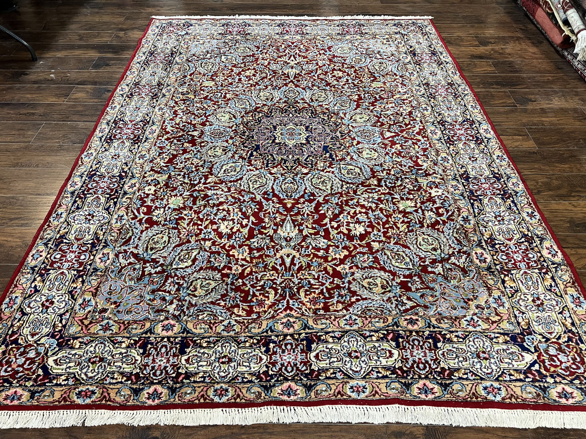 Persian Kirman Rug 7x10, Hand Knotted Wool Floral Medallion Carpet, Dark Red - Jewel Rugs
