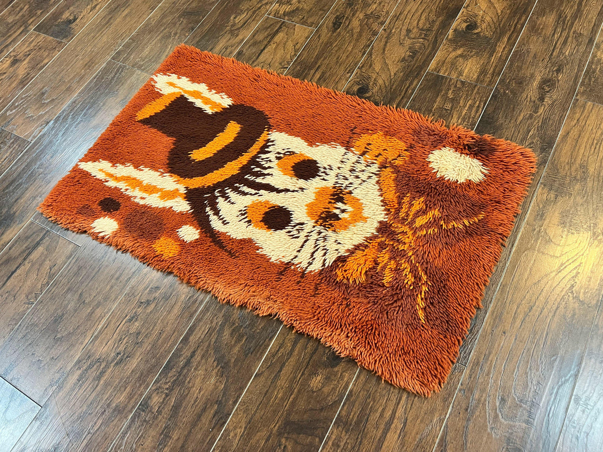 Rya Shag Rug 2x4, Rabbit in Top Hat, Wool, Orange, Vintage 1960s Danish Shag Rug - Jewel Rugs, view 13