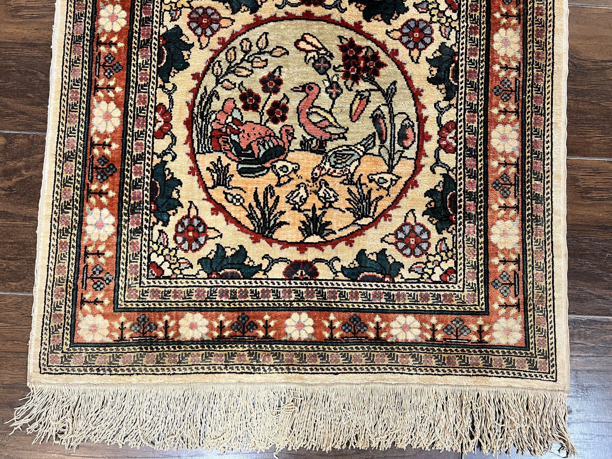 Silk Turkish Rug 2x4, Fine Handmade Oriental Rug, Animal Pictorial Birds Silk Pile on Silk Foundation Vintage Hand Knotted Hereke Carpet - Jewel Rugs, view 6