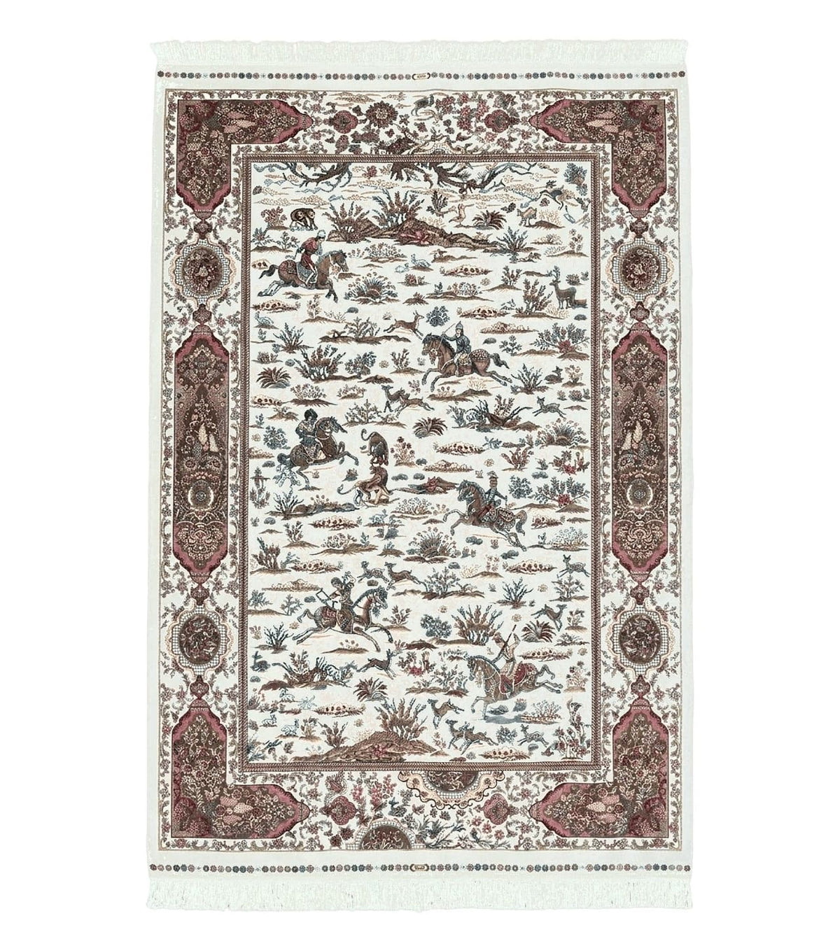 Turkish Silk Rug 5x8, Ivory, Hunting Design, Animal Pictorials, Bamboo Silk - Jewel Rugs