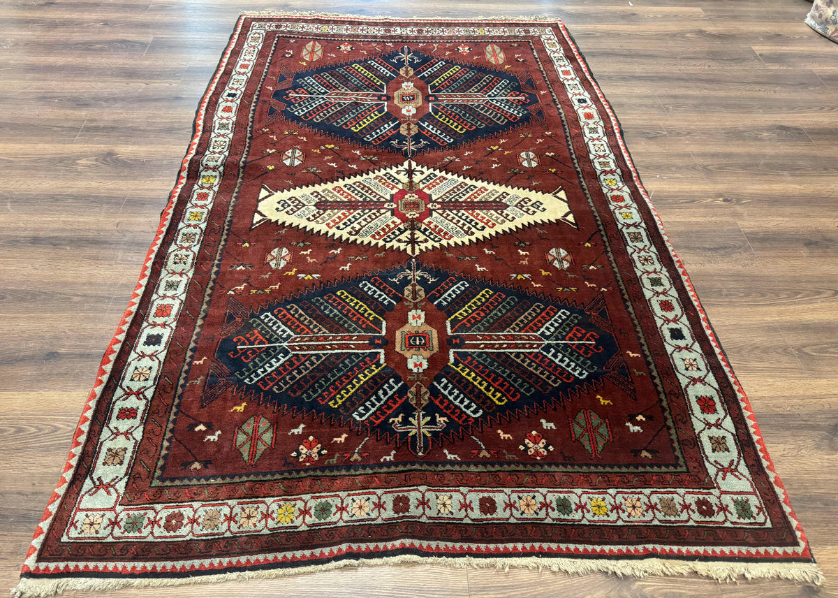 Antique Persian Tribal Rug 5 x 7.8, Triple Medallions, Red, Persian Afshar Rug - Jewel Rugs, view 13
