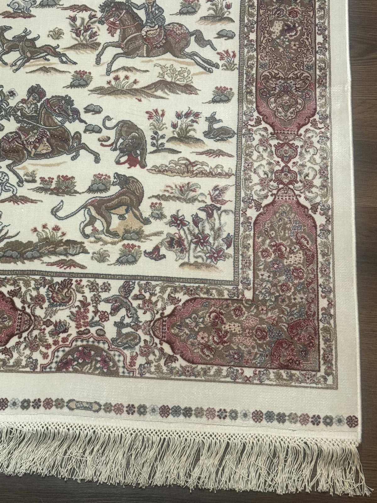 Turkish Silk Runner Rug 2.6 x 8, Hunting Design, Ivory, Bamboo Silk, New - Jewel Rugs, view 10