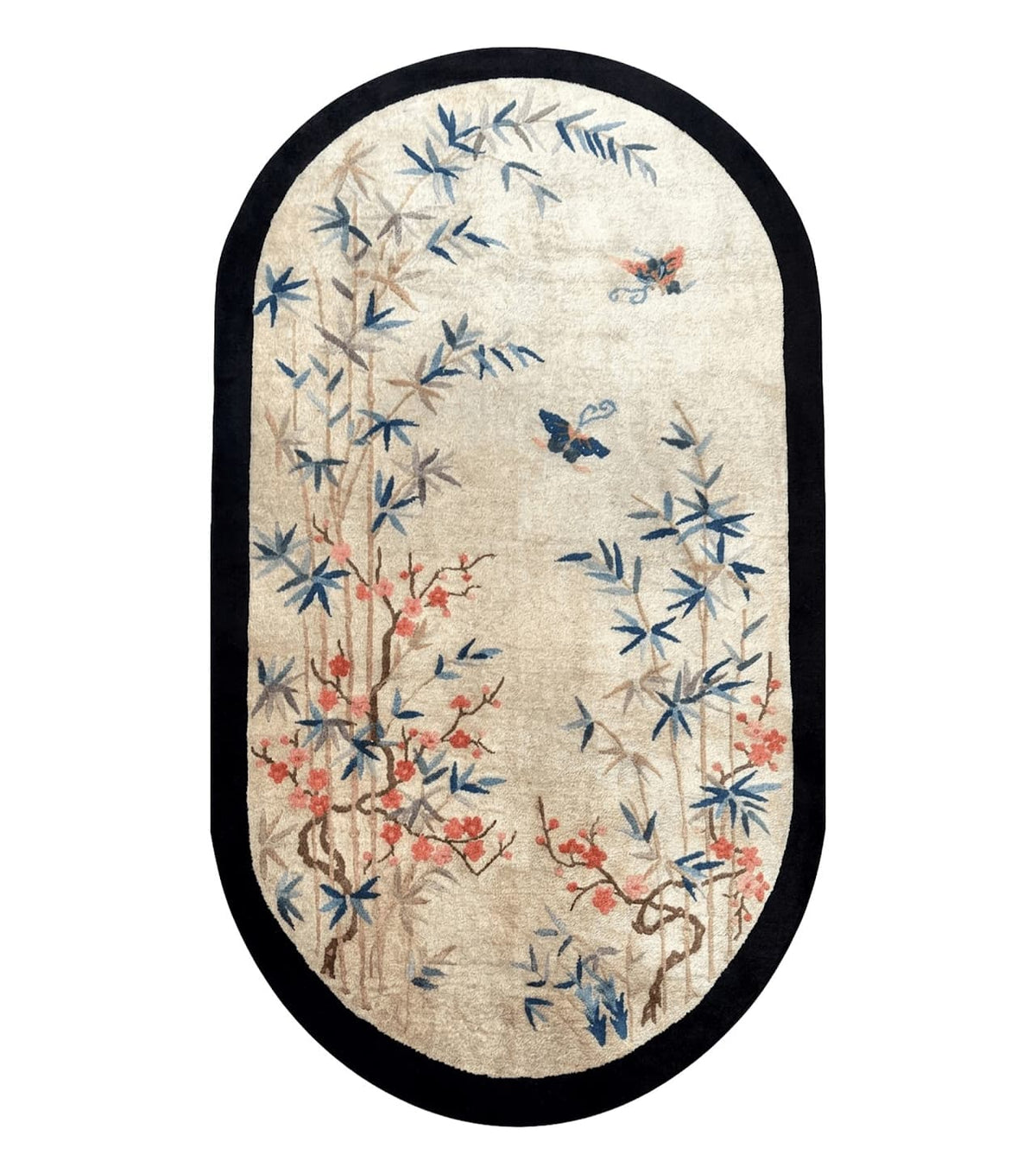 Antique Chinese Oval Rug 3.9 x 6.7, Floral, Butterflies, Chinese Wool Art Deco Peking Carpet, Beige, Handmade - Jewel Rugs