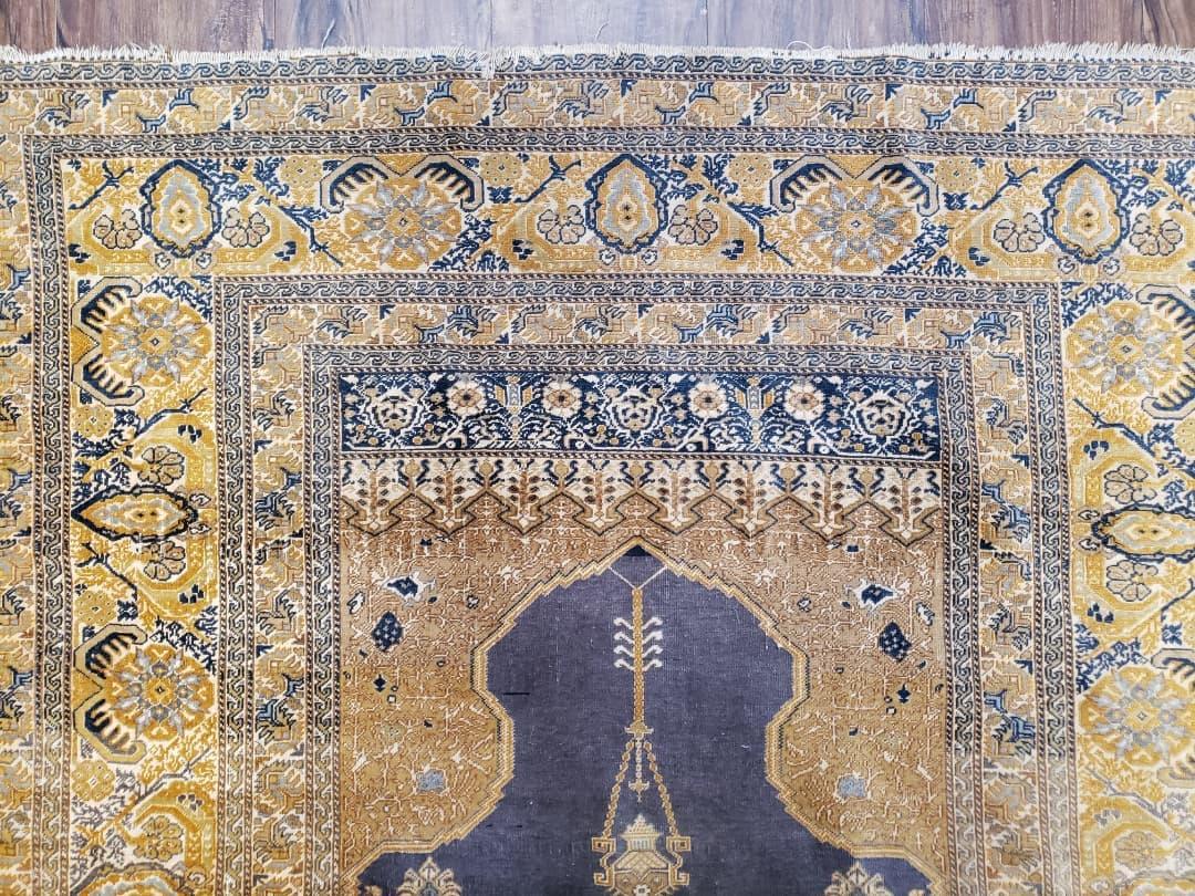 Rare Turkish Ghiordes Prayer Rug 4 x 5.8 ft, Late 19th Century Turkish Oriental Carpet, Mehrab Antique Prayer Rug, Museum Quality, Blue, Tan - Jewel Rugs, view 6
