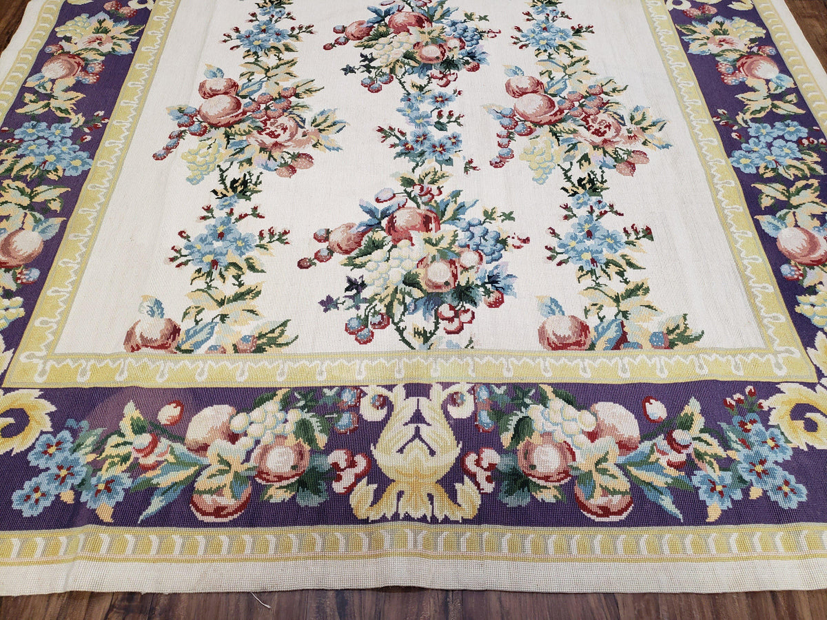 Vintage Chinese Floral Needlepoint Area Rug 6x9, Wool Hand-Woven Handmade Flatweave Rug, Ivory & Purple, Fruits Grapes Apples, Dining Room - Jewel Rugs, view 6