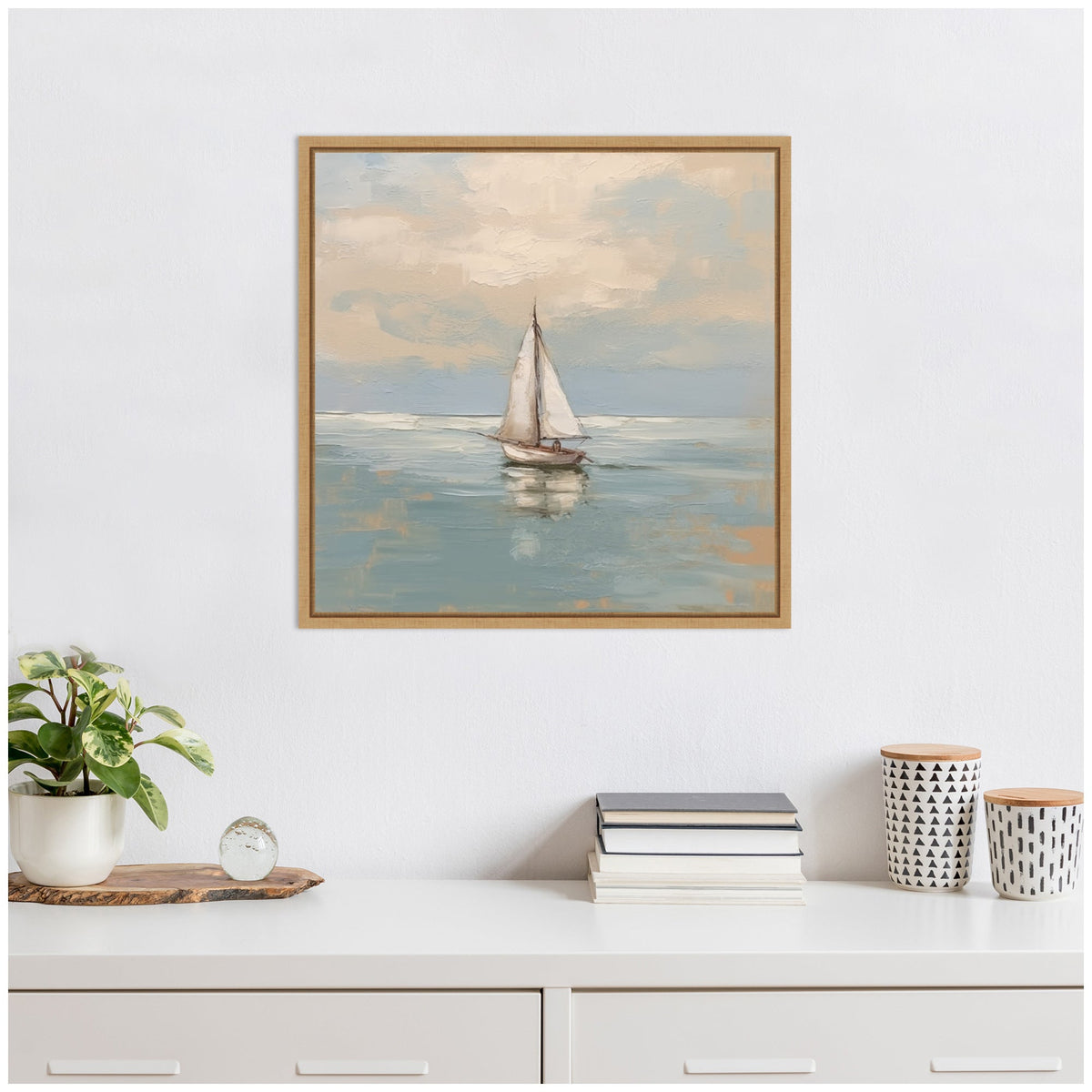 Sylvie Calm Pastel Sailboat Landscape Framed Canvas by The Creative Bunch Studio