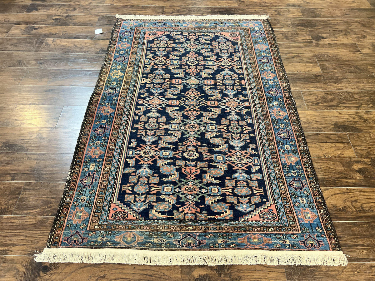 Antique Persian Tribal Rug 5x7, Navy Blue & Pink, Hand Knotted Handmade 1920s Wool Rug, Allover Pattern, Persian Hamadan Rug - Jewel Rugs, view 2