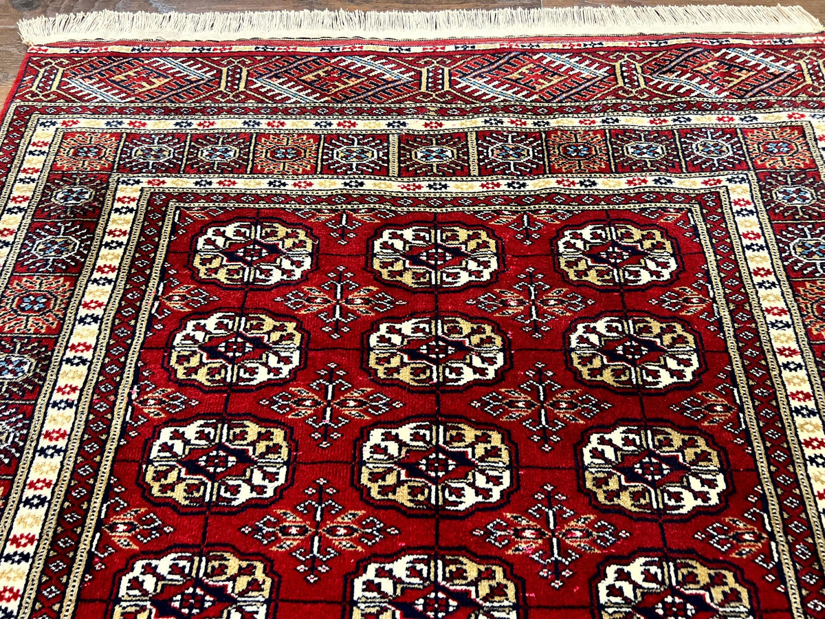 Pakistani Bokhara Rug 4x6, Red Turkoman Carpet, Finely Hand Knotted, Wool Vintage Rug - Jewel Rugs, view 6