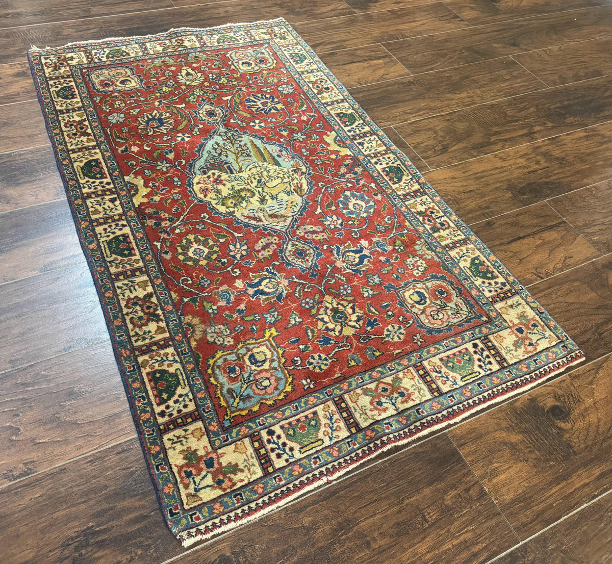 Small Persian Tabriz Rug 2.8 x 4.7, Red, Animal Pictorials, Semi Antique Vintage - Jewel Rugs, view 13