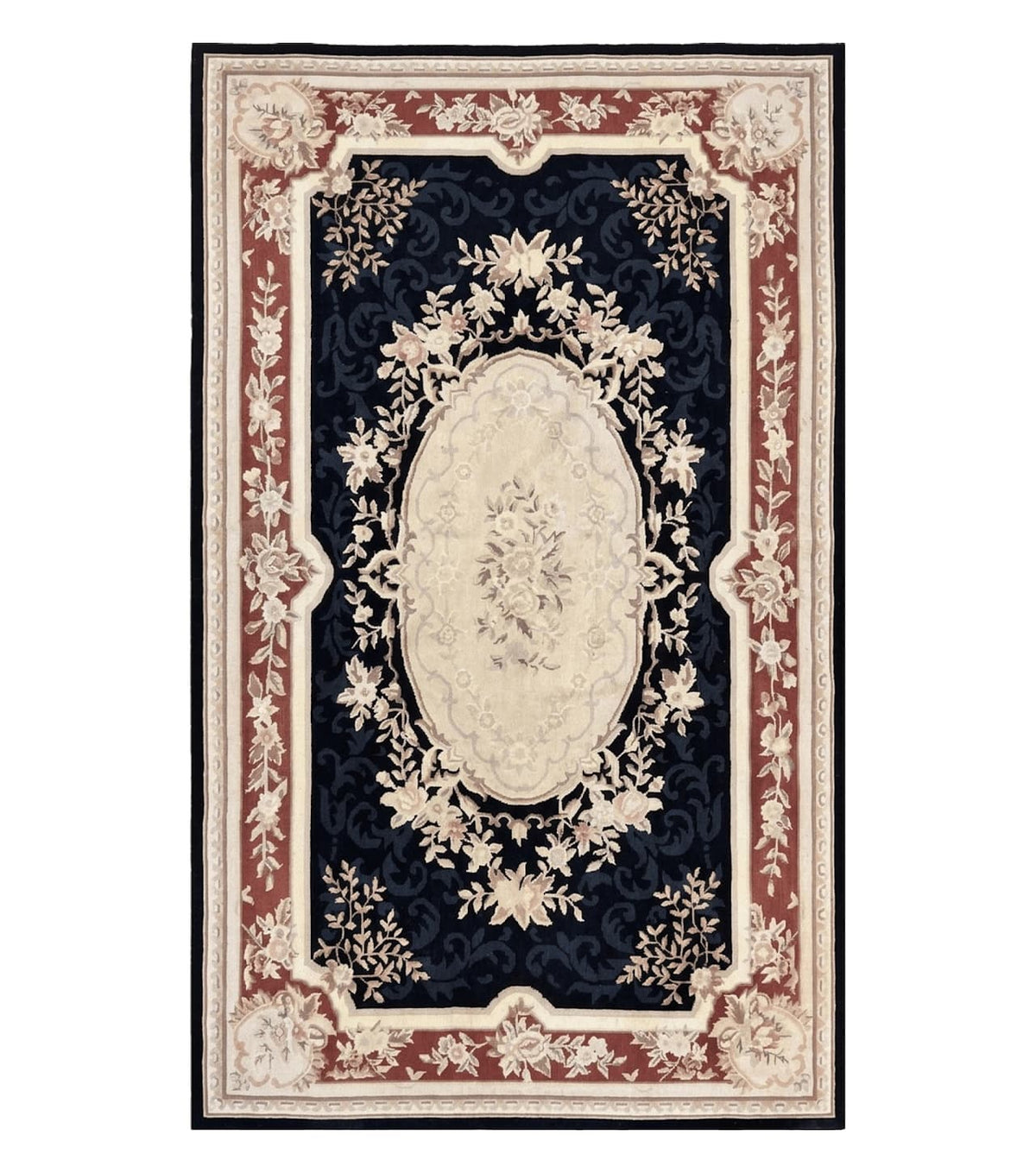 Needlepoint Rug 5x8, Wool Handmade Vintage European Design Carpet, Black & Maroon, French Aubusson Pattern Flatweave Rug - Jewel Rugs
