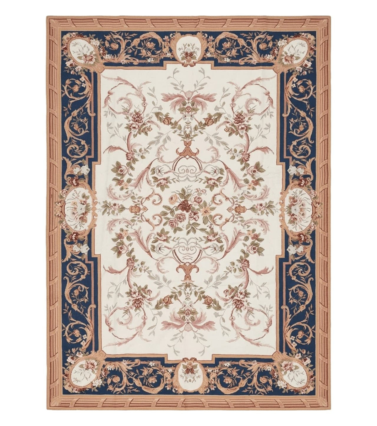 Chinese Aubusson Savonnerie Area Rug 6x8, Vintage Hand-Woven Needlepoint Rug, Flat Weave Handmade Wool Carpet Living Room Ivory & Navy Blue - Jewel Rugs