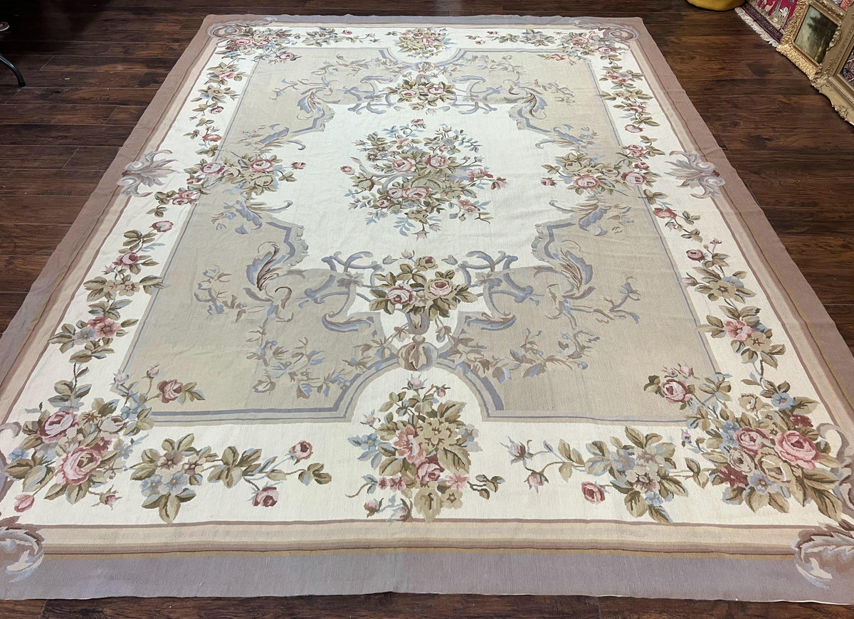 Aubusson Needlepoint Rug 9x12, VIntage Handmade Wool Beige Floral European Elegant Rug 9 x 12, Floral Roses - Jewel Rugs, view 2