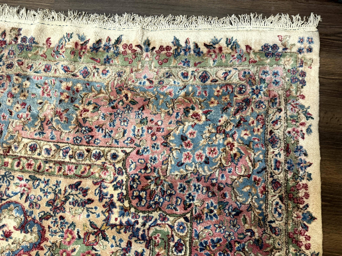 Palace Size Persian Kerman Rug 11x20 ft, Very Fine 340 KPSI, Vintage Oversized Wool Handmade Large Persian Carpet, Beige Light Blue Pink - Jewel Rugs, view 7