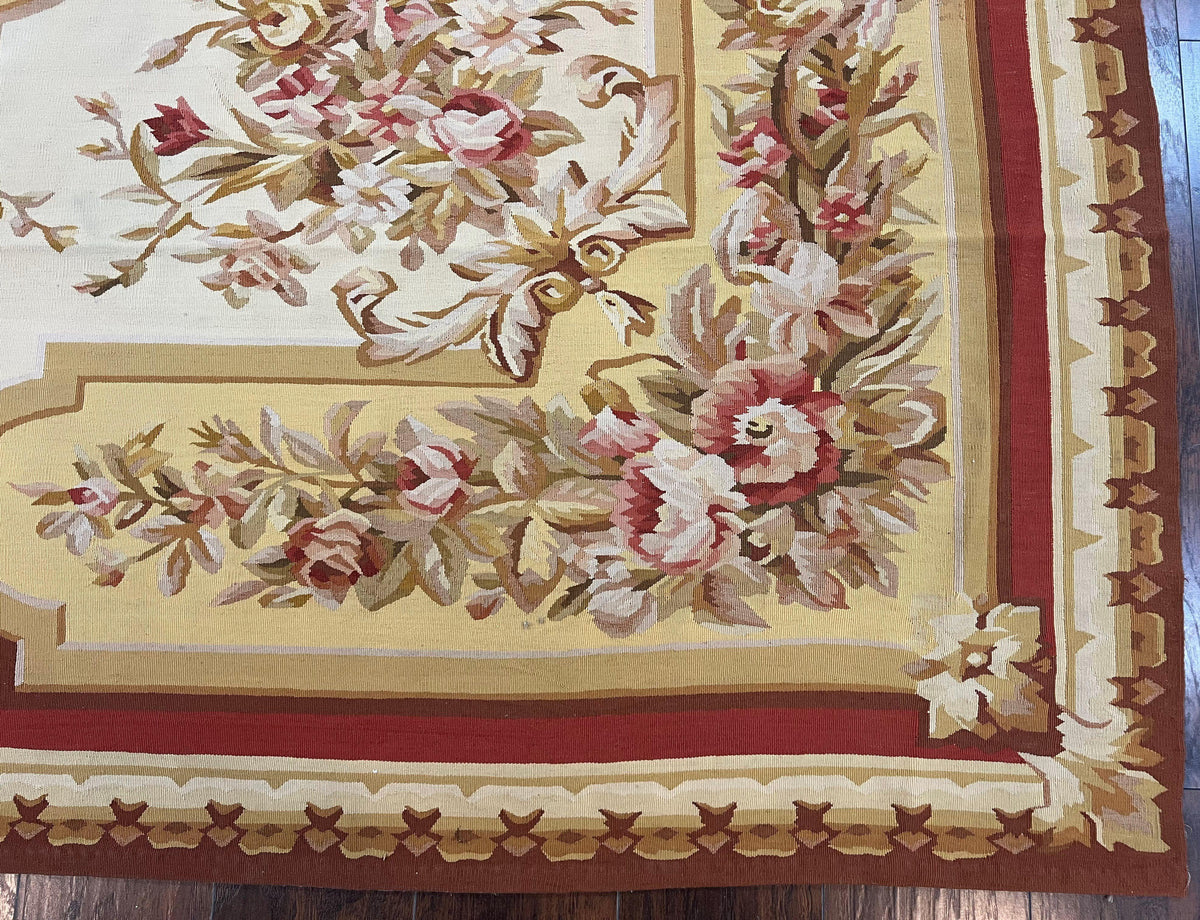 Aubusson Rug 9x12, Elegant Flatweave Savonnerie Carpet 9 x 12 ft, Ivory Light Yellow Red, Handmade Wool Flatweave French European Rug - Jewel Rugs, view 10