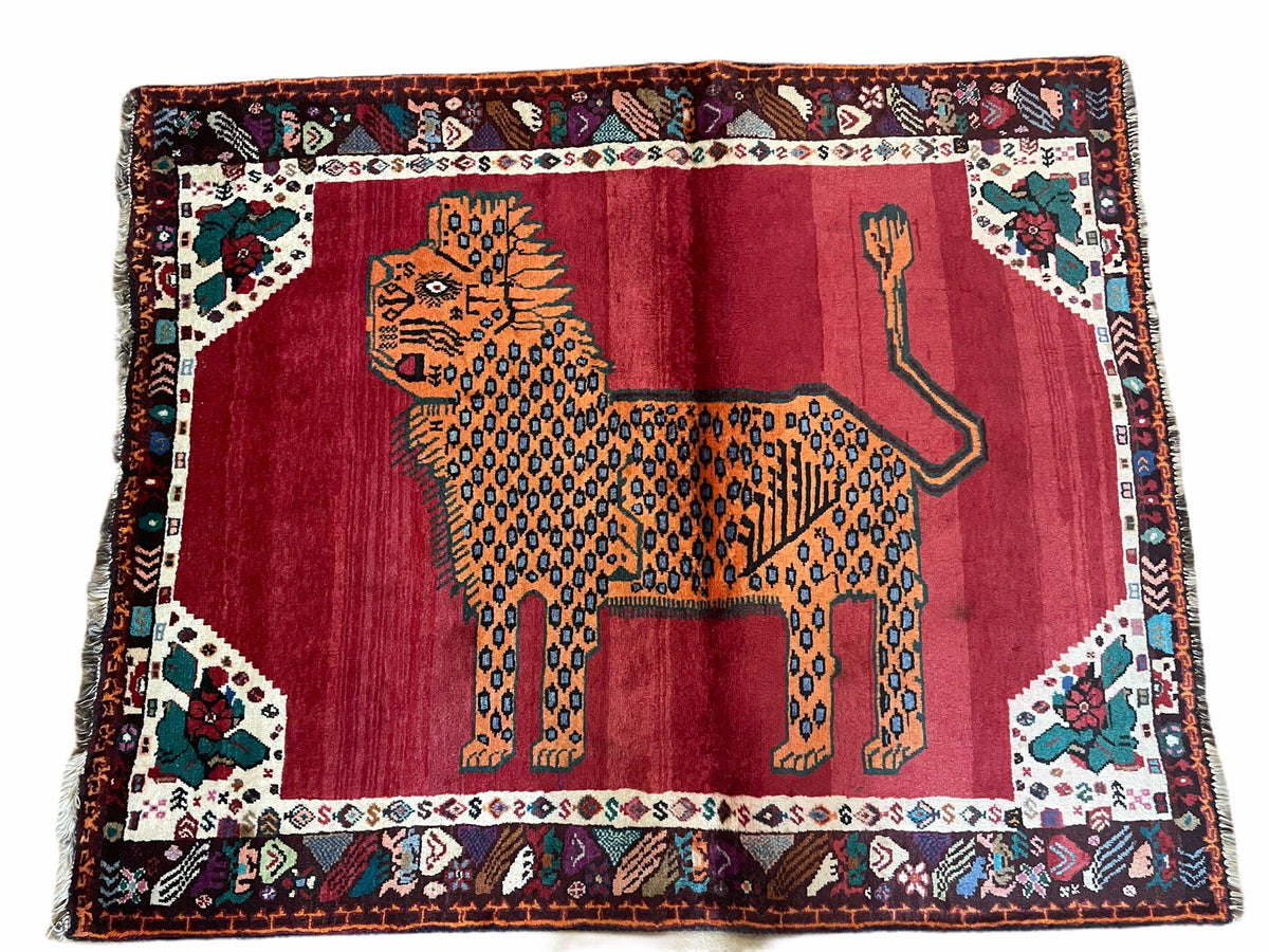 Antique Persian Gabbeh Wool Rug 4x5, Lion Pictorial Rug, Red Orange Black, Hand Knotted Handmade Vintage Gabbeh Carpet 4 x 5 ft, Tribal Rug - Jewel Rugs, view 9