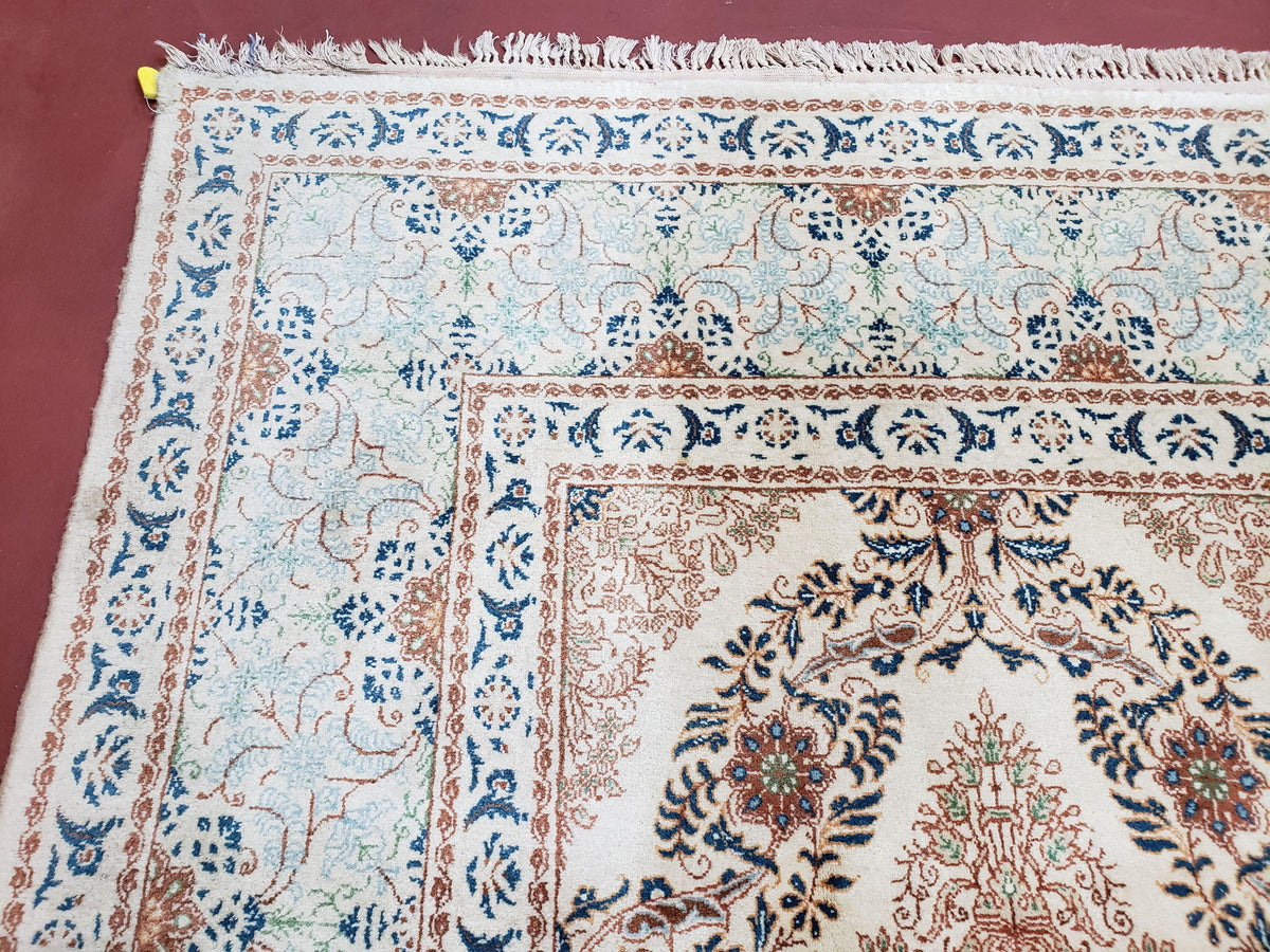 Fine Antique Persian Light Colored Kashan Carpet, 7x12, Top Quality, Rare, Ivory & Blues, Hand-Knotted, Wool - Jewel Rugs, view 7