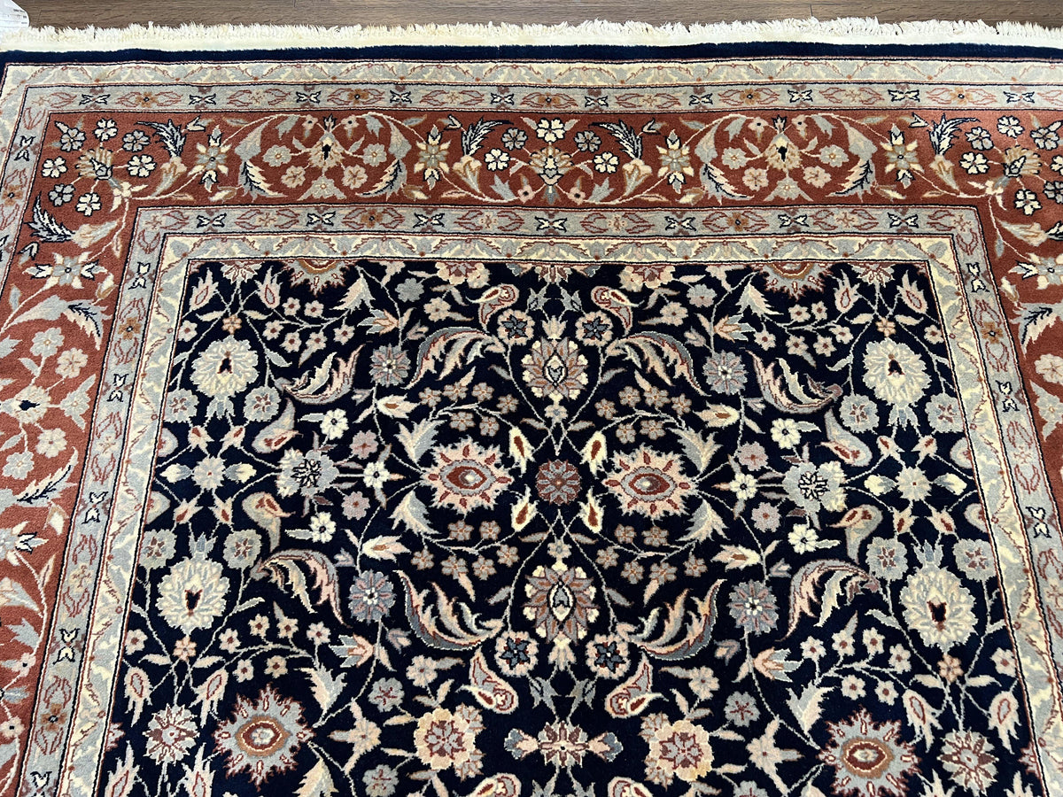 Indo Sarouk Rug 6x9, Vintage Indian Persian Rug, Wool Oriental Carpet, Navy Blue Red Allover Floral Rug, Traditional Very Fine Rug, Area Rug - Jewel Rugs, view 4