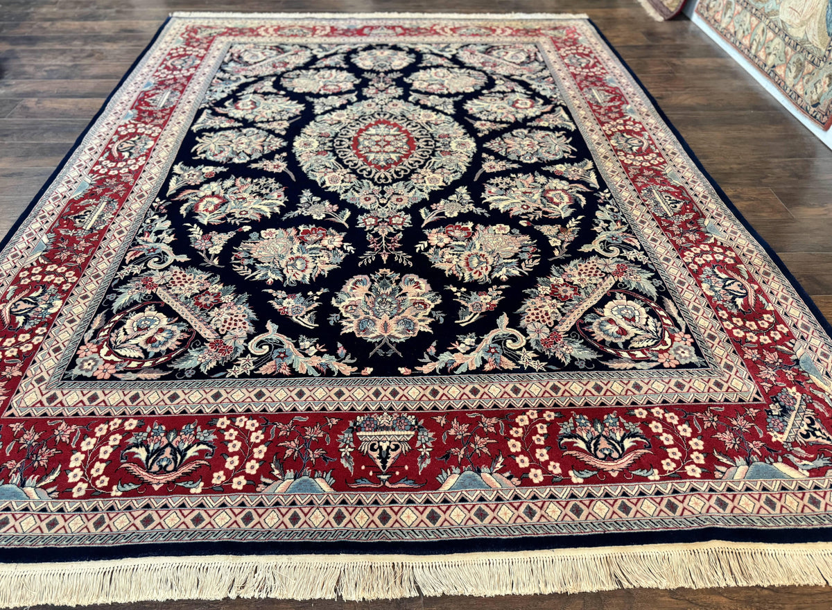 Sino Persian Rug 8x10, Floral Kirman Carpet, Navy Blue and Red, Floral Vases, Handmade Vintage Wool Carpet, 320 KPSI - Jewel Rugs, view 2