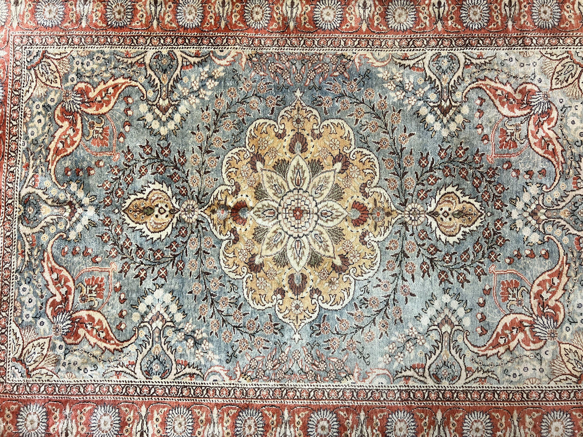 Silk Turkish Rug 5x7, Light Blue Silk Carpet, Floral Medallion, Turkish Kayseri Rug, Vintage Handmade Oriental Rug - Jewel Rugs, view 3