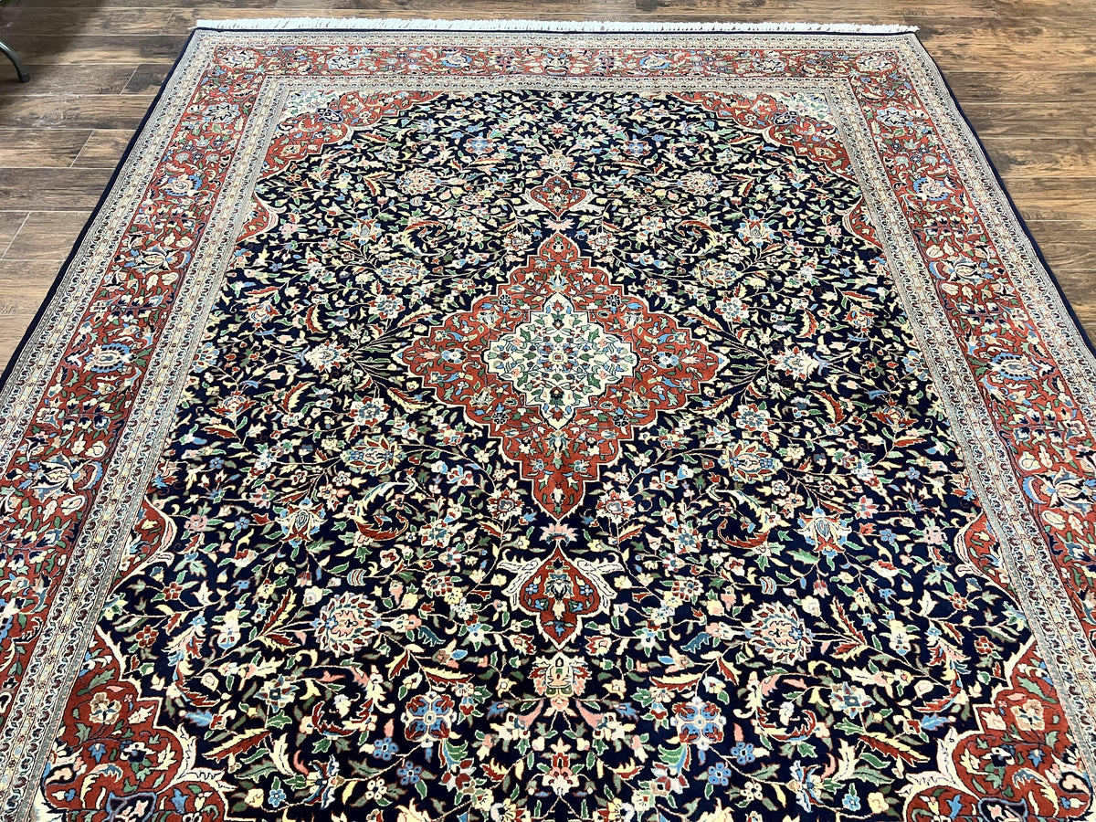 Indo Persian Rug 8x10, Floral Medallion, Vintage Handmade Wool Carpet, Navy Blue and Red, Fine 300 KPSI - Jewel Rugs, view 3