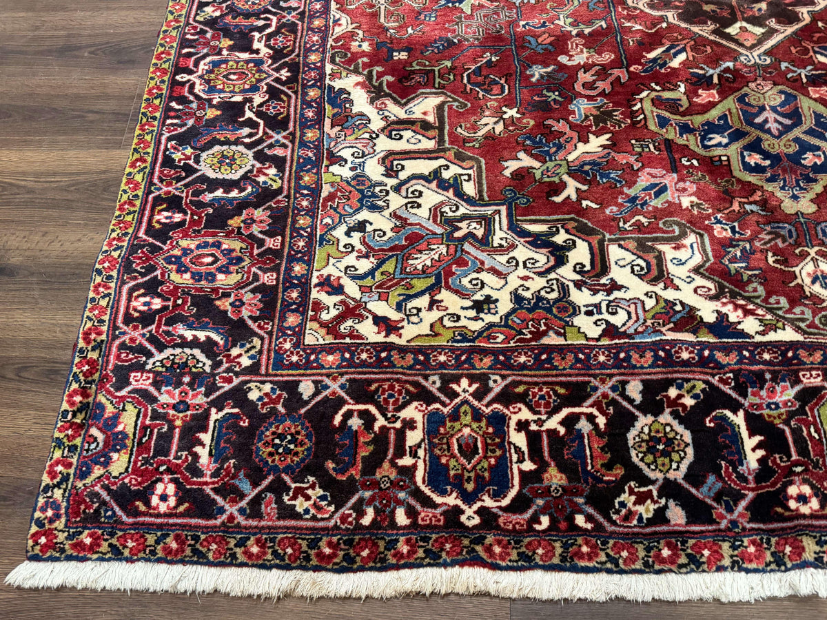 Antique Persian Heriz Rug 8x11, Geometric Tribal Wool Carpet, Brick Red - Jewel Rugs, view 9