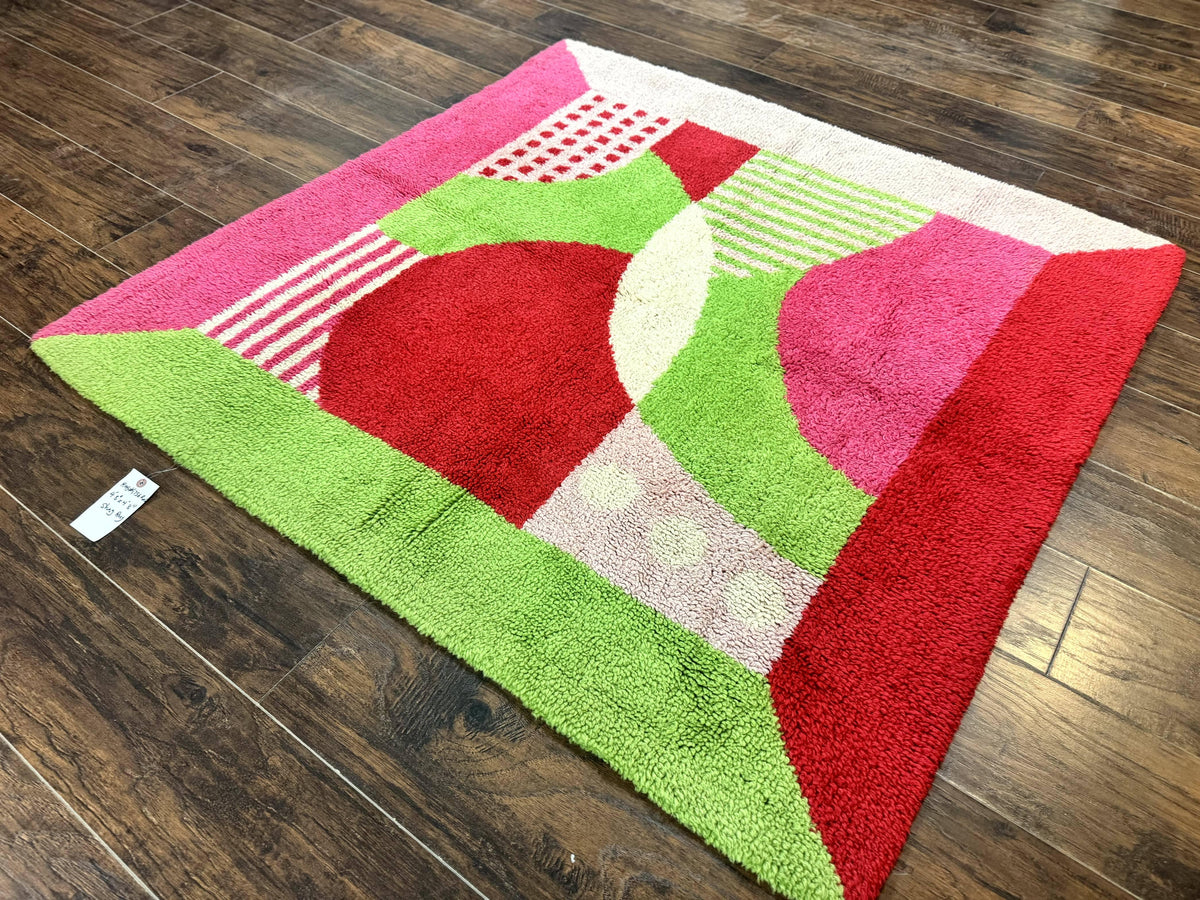European Shag Rug 4.8 x 4.8, Modern Abstract Design, Green Pink Red, Square Shag Rug, Unique - Jewel Rugs, view 3
